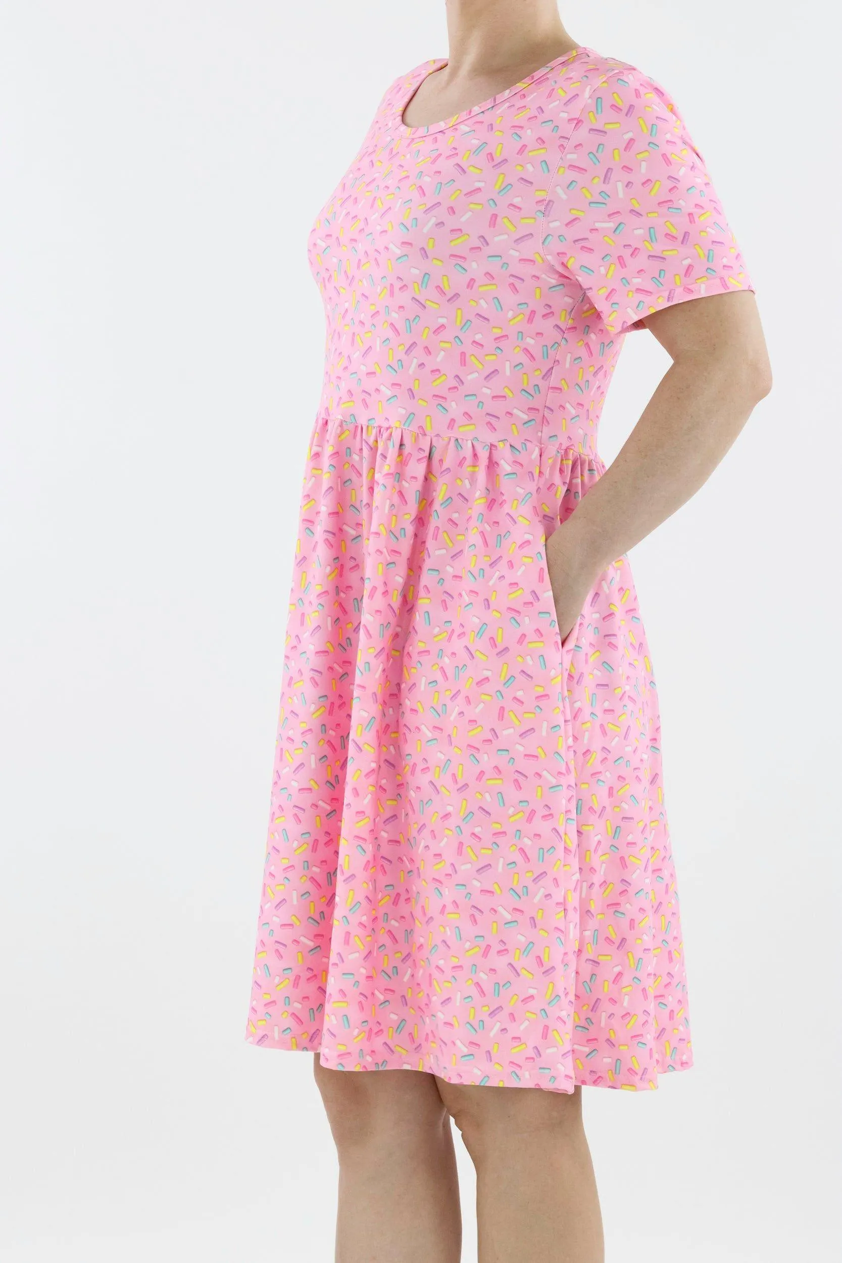 Sprinkles - Short Sleeve Skater Dress - Knee Length - Side Pockets