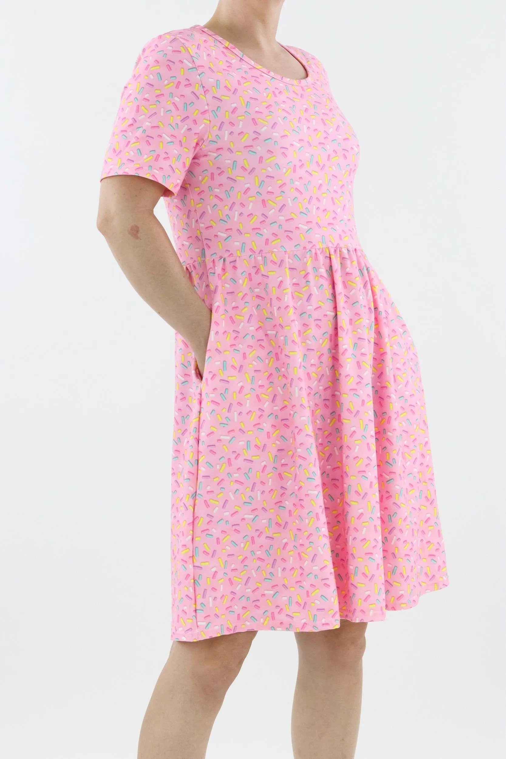 Sprinkles - Short Sleeve Skater Dress - Knee Length - Side Pockets