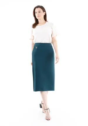 Stitch Detail Green Pencil Midi Skirt