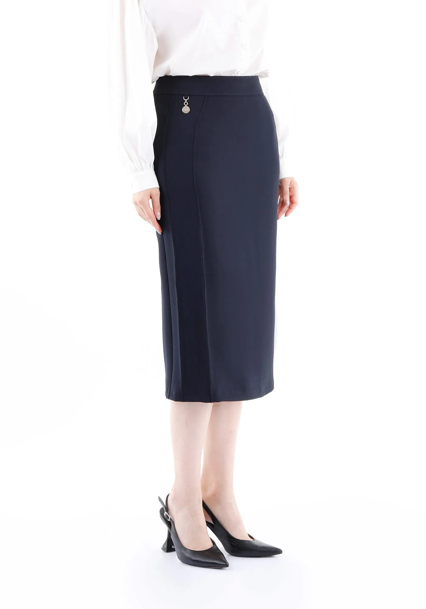 Stitch Detail Navy Pencil Midi Skirt