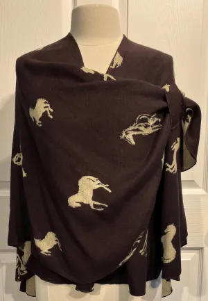 Tan Horses on Chocolate Reversible Cashmere Shawl