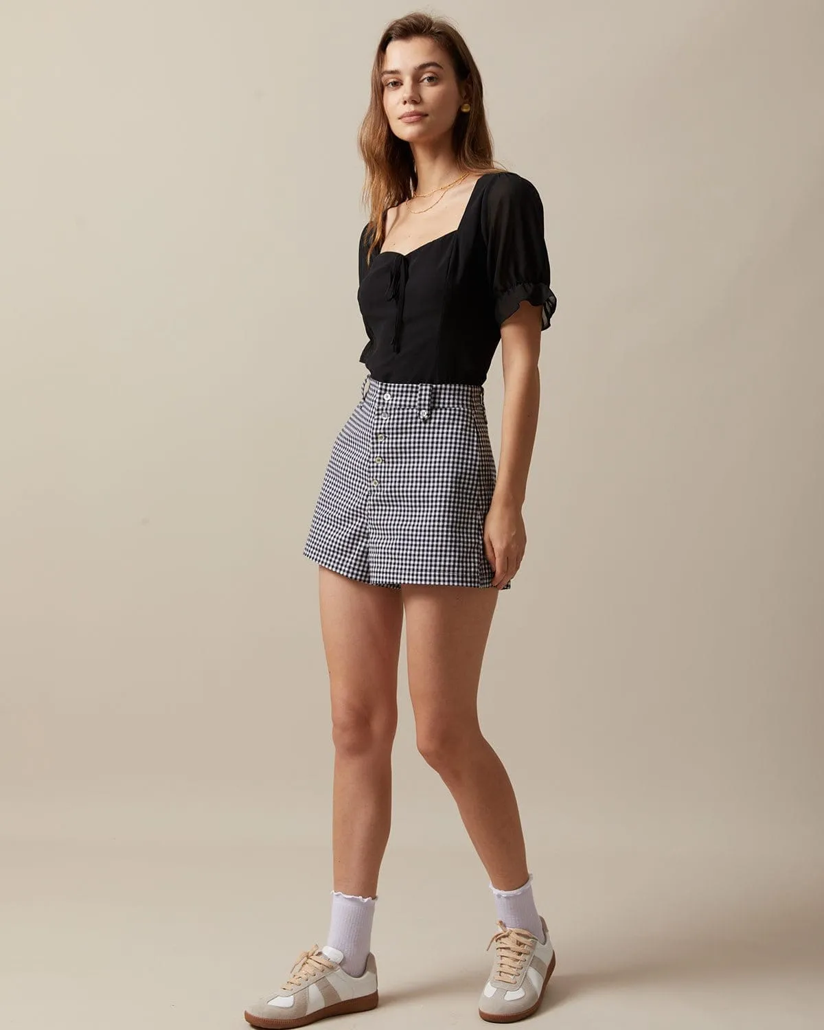 The Black High Waisted Button Up Plaid Shorts