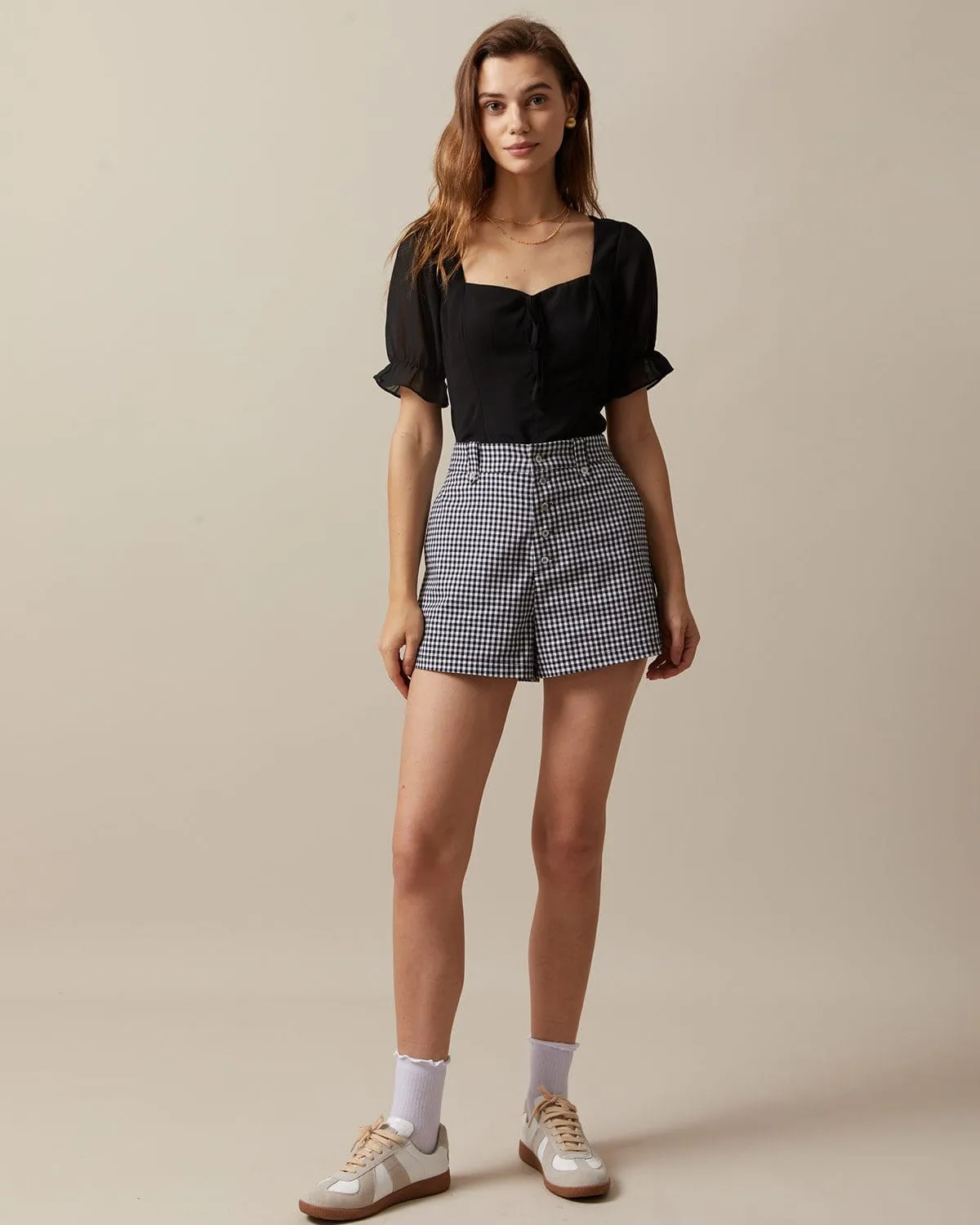 The Black High Waisted Button Up Plaid Shorts