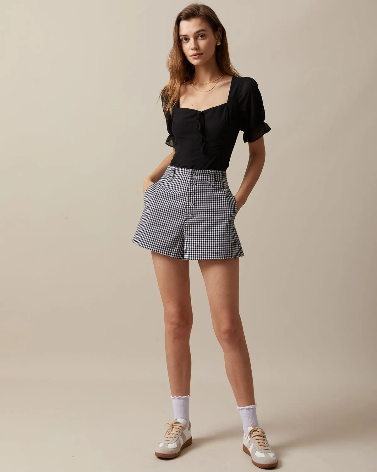 The Black High Waisted Button Up Plaid Shorts