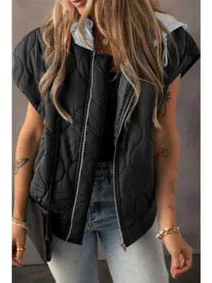 The Layla Quilted Drawstring Hooded Puffer Vest in Black