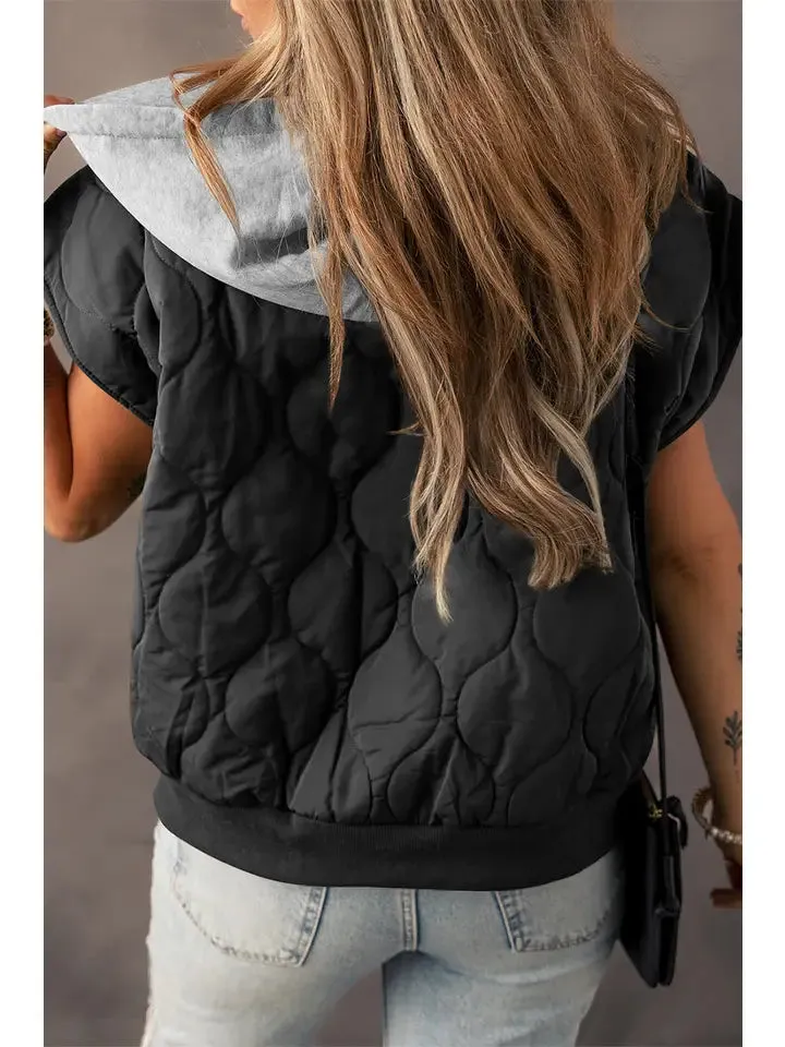 The Layla Quilted Drawstring Hooded Puffer Vest in Black