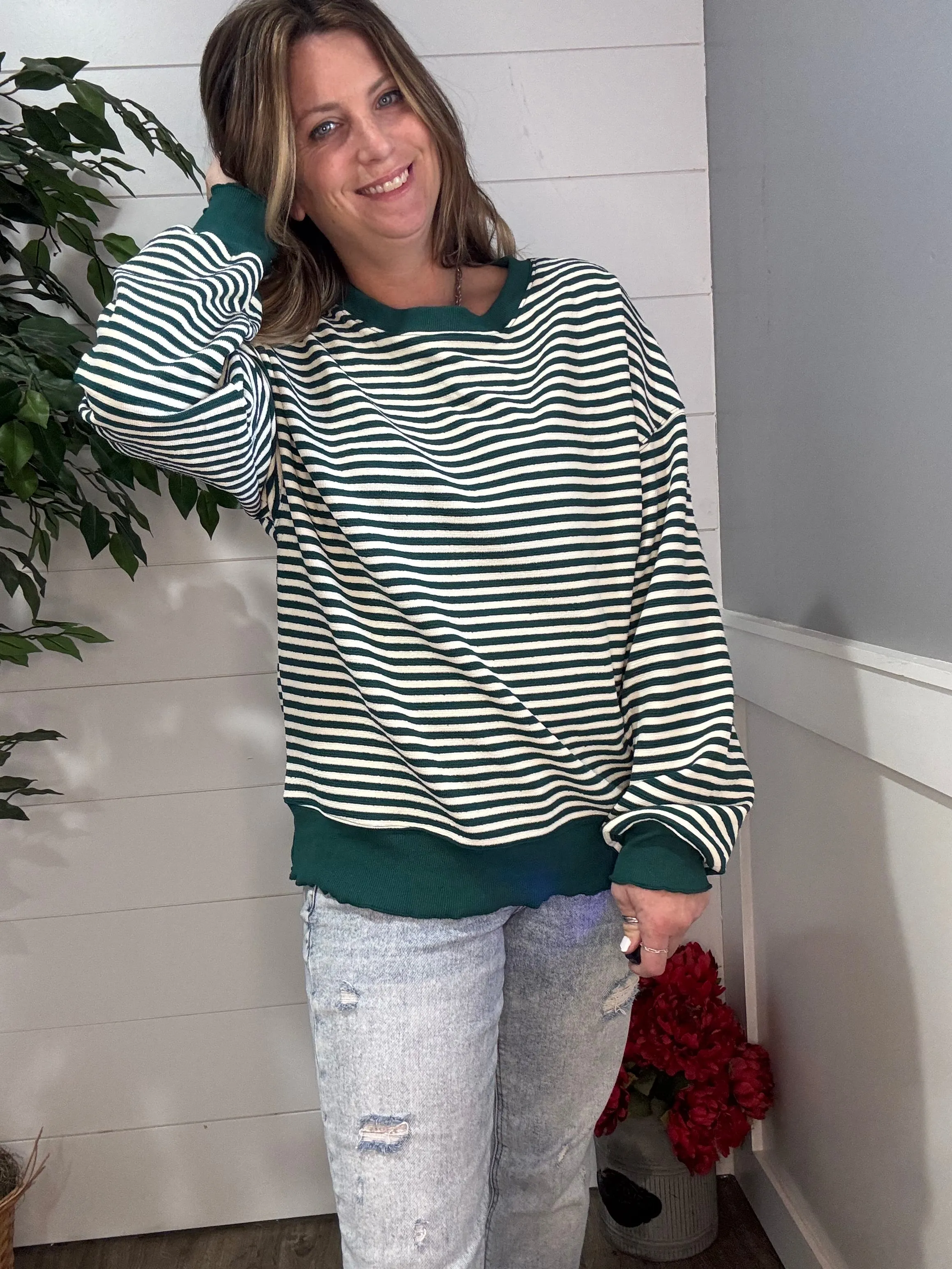 Too Good to be True Striped Drop Shoulder Top in Green