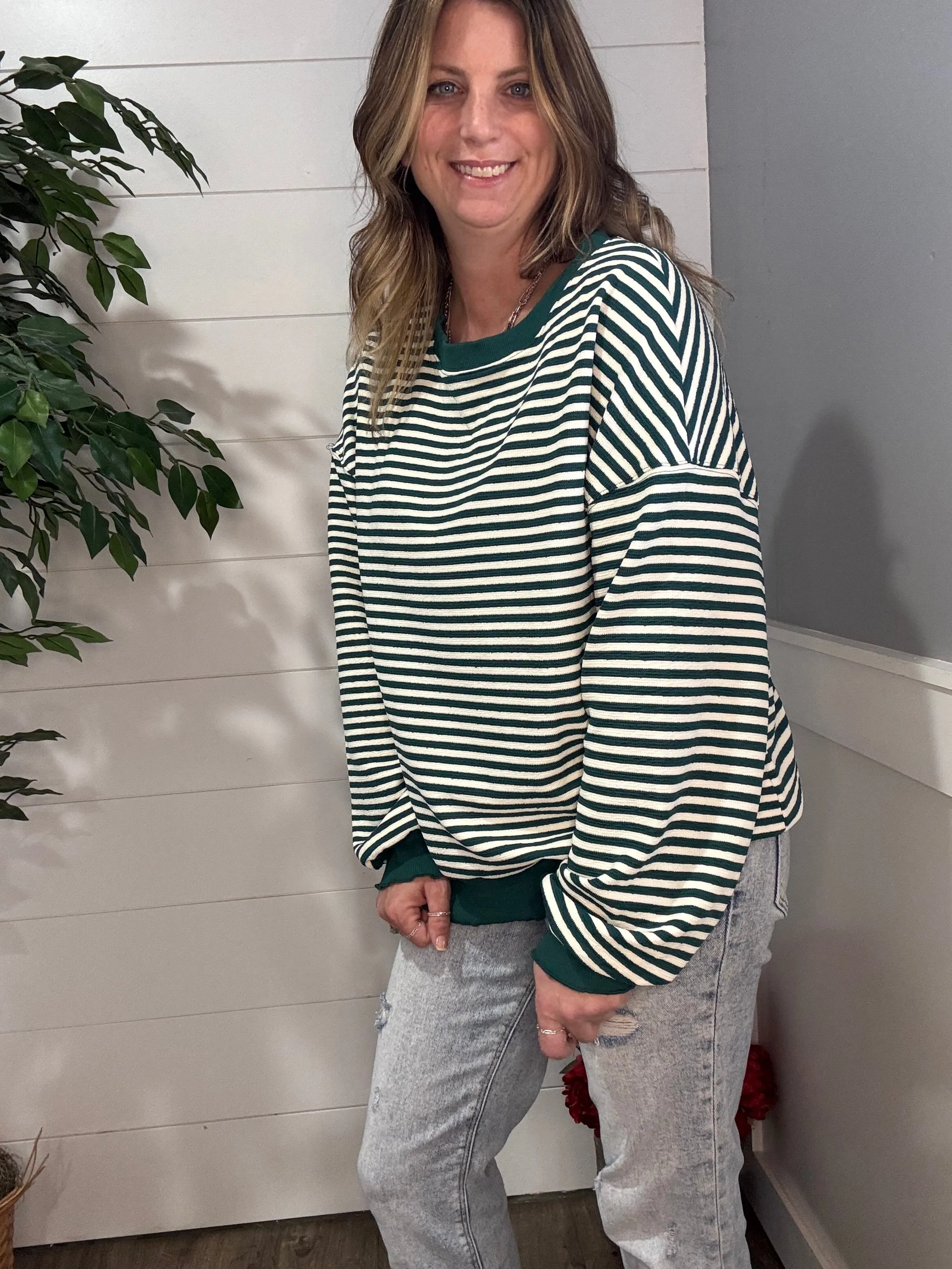 Too Good to be True Striped Drop Shoulder Top in Green