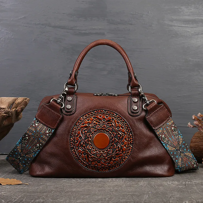 Top Layer Cowhide Genuine Leather Handbag with Crossbody Strap
