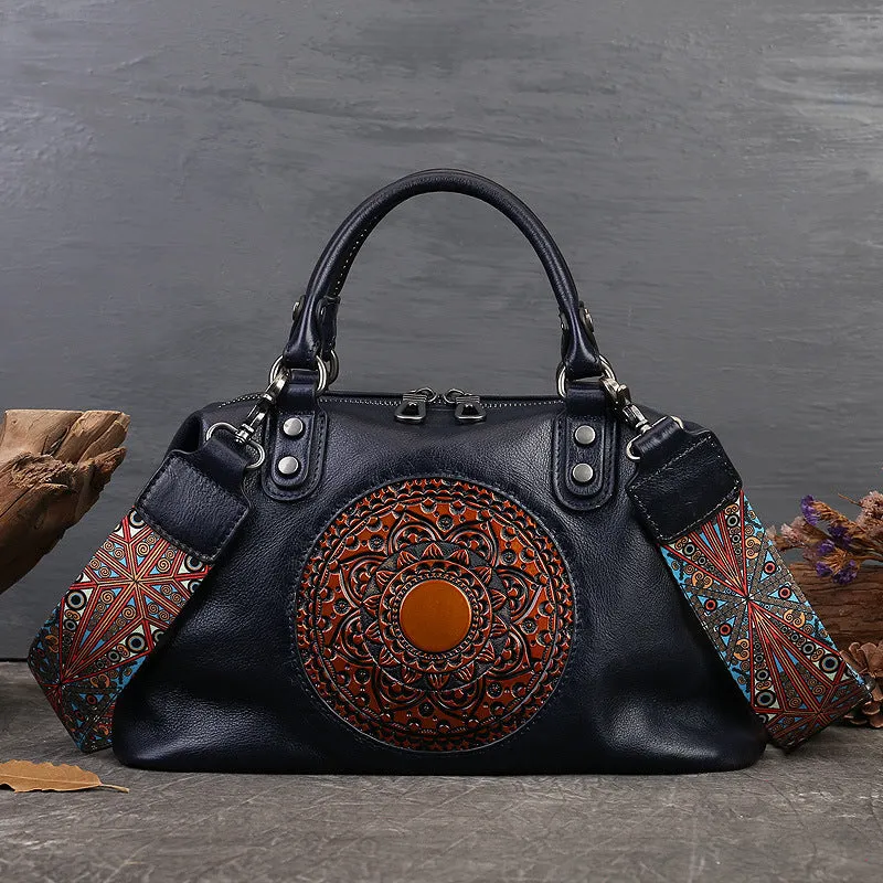 Top Layer Cowhide Genuine Leather Handbag with Crossbody Strap