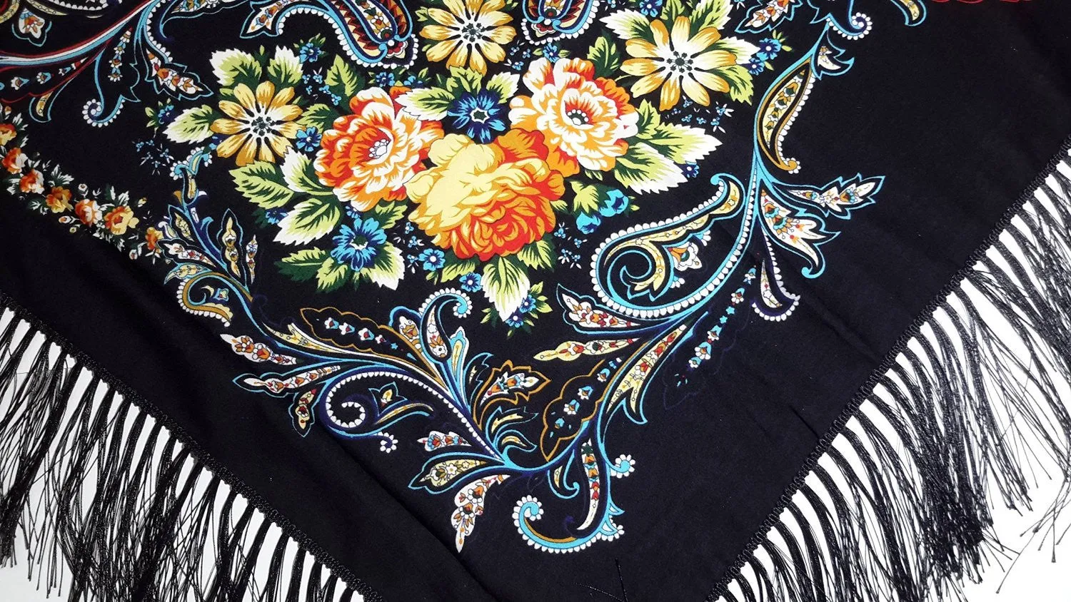 Traditional Polish Folk Shawl with Fringes - Exclusive Russian Collection - Black
