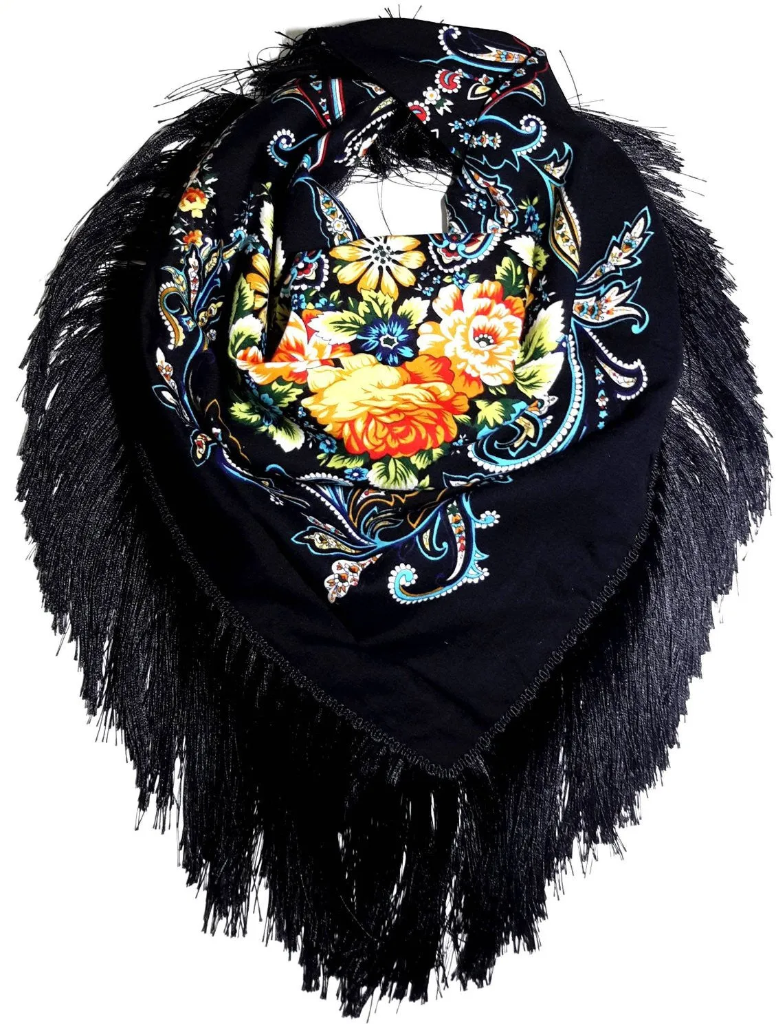 Traditional Polish Folk Shawl with Fringes - Exclusive Russian Collection - Black