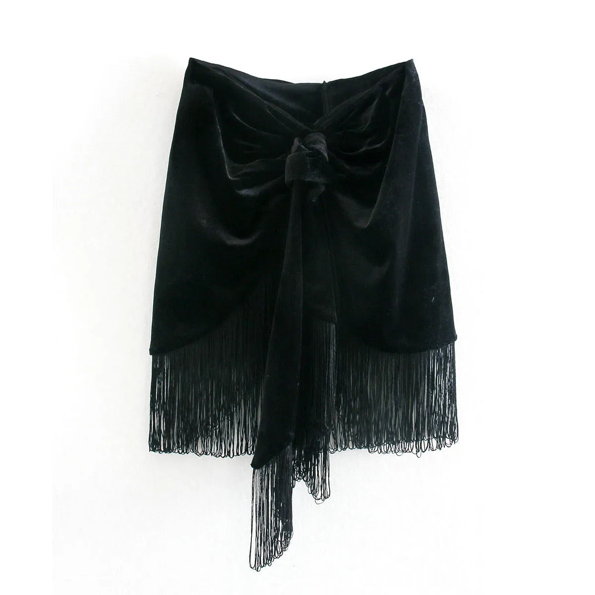 Velvet Tied Front Skirt with Fringe Hem