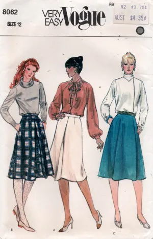 Very Easy Vogue 8062 Womens A Line Skirt with Pockets & Pleats 1980s Vintage Sewing Pattern Size 12 UNCUT Factory Folded