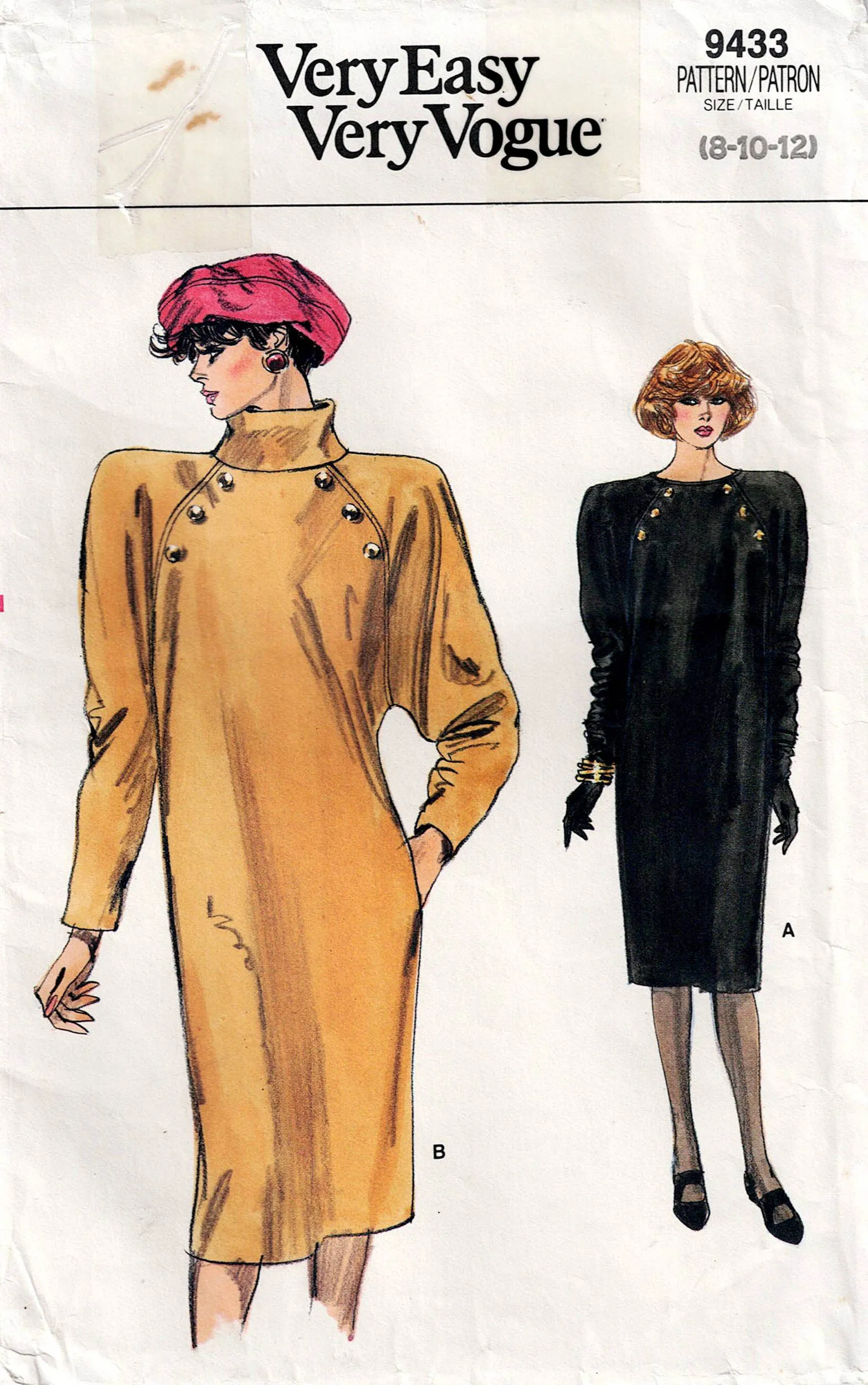 Very Easy Vogue 9433 Womens Raglan Sleeved Dress with Collar & Pockets 1980s Vintage Sewing Pattern Size 8 & 10