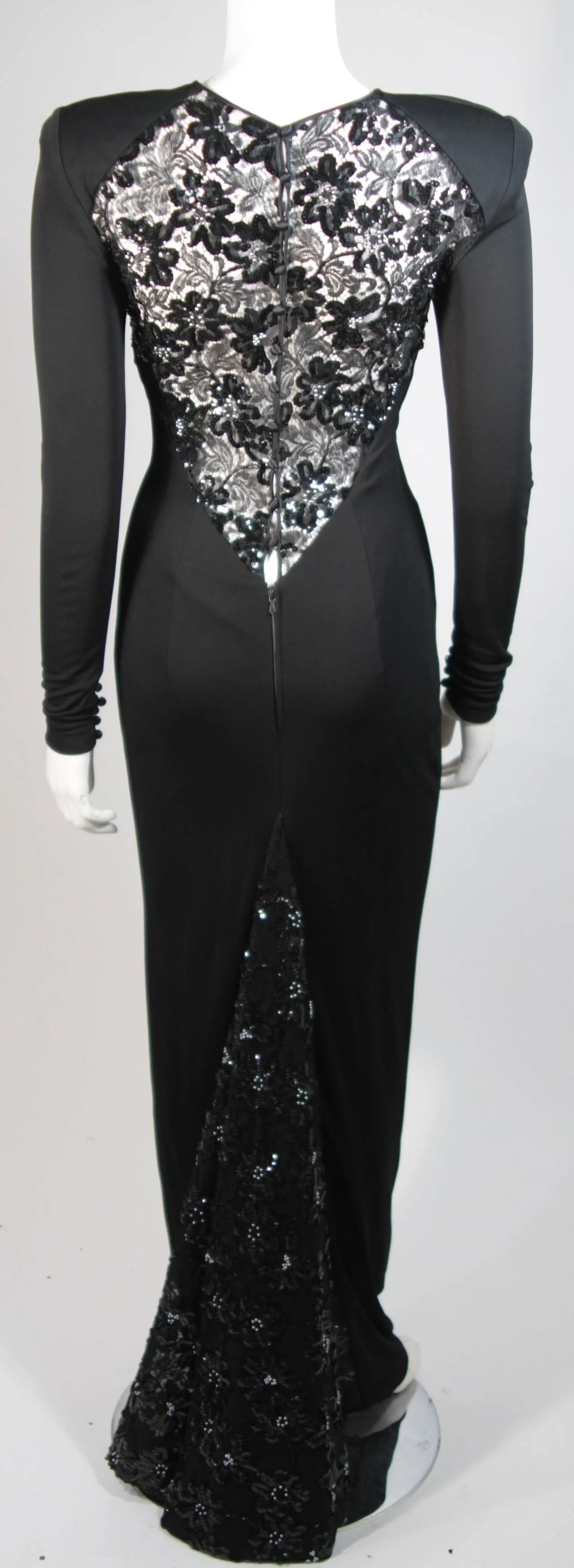 VICKY TIEL Black Jersey Gown with Sequin Lace Accents Size Small
