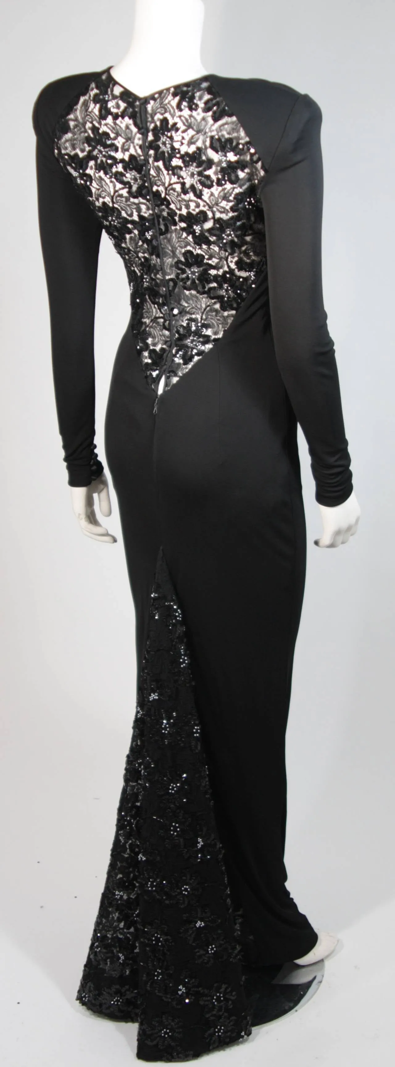 VICKY TIEL Black Jersey Gown with Sequin Lace Accents Size Small