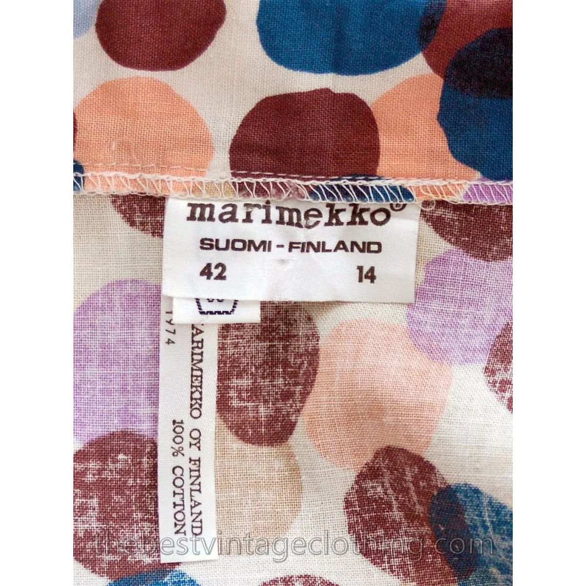Vintage 1974 Marimekko Designer Maxi Dress Bubble Print 40/12 Polka Dots Cotton