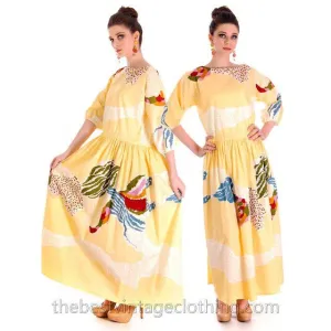 Vintage 1978 Marimekko Print Dress Floral Yellow Cotton S-M
