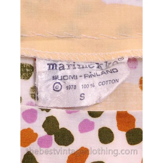 Vintage 1978 Marimekko Print Dress Floral Yellow Cotton S-M