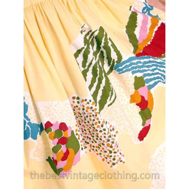 Vintage 1978 Marimekko Print Dress Floral Yellow Cotton S-M