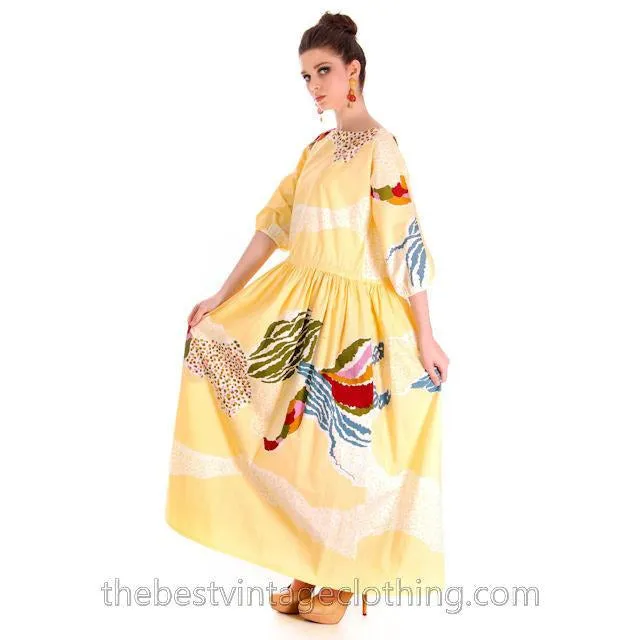Vintage 1978 Marimekko Print Dress Floral Yellow Cotton S-M