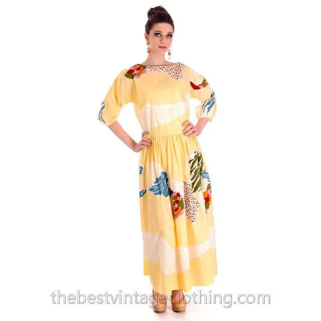 Vintage 1978 Marimekko Print Dress Floral Yellow Cotton S-M