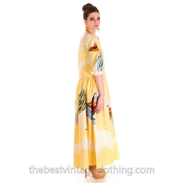 Vintage 1978 Marimekko Print Dress Floral Yellow Cotton S-M
