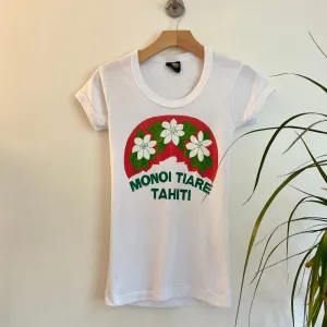 Vintage 70s 80s Hawaiian Perfection Monoi Tiare Tahiti Souvenir Scoop neck pullover // size Small Medium (HT2260)