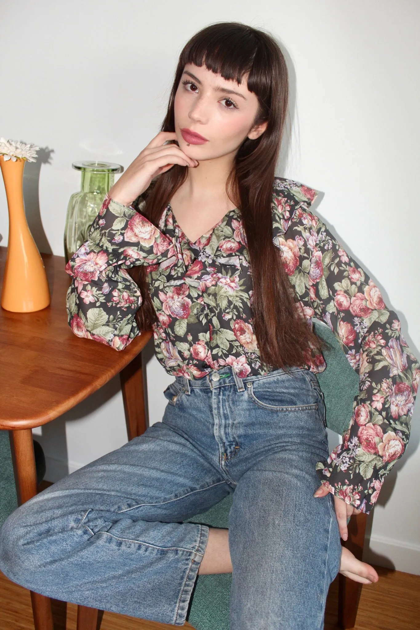 Vintage 90s Dreamy Floral Flutter Blouse (M)