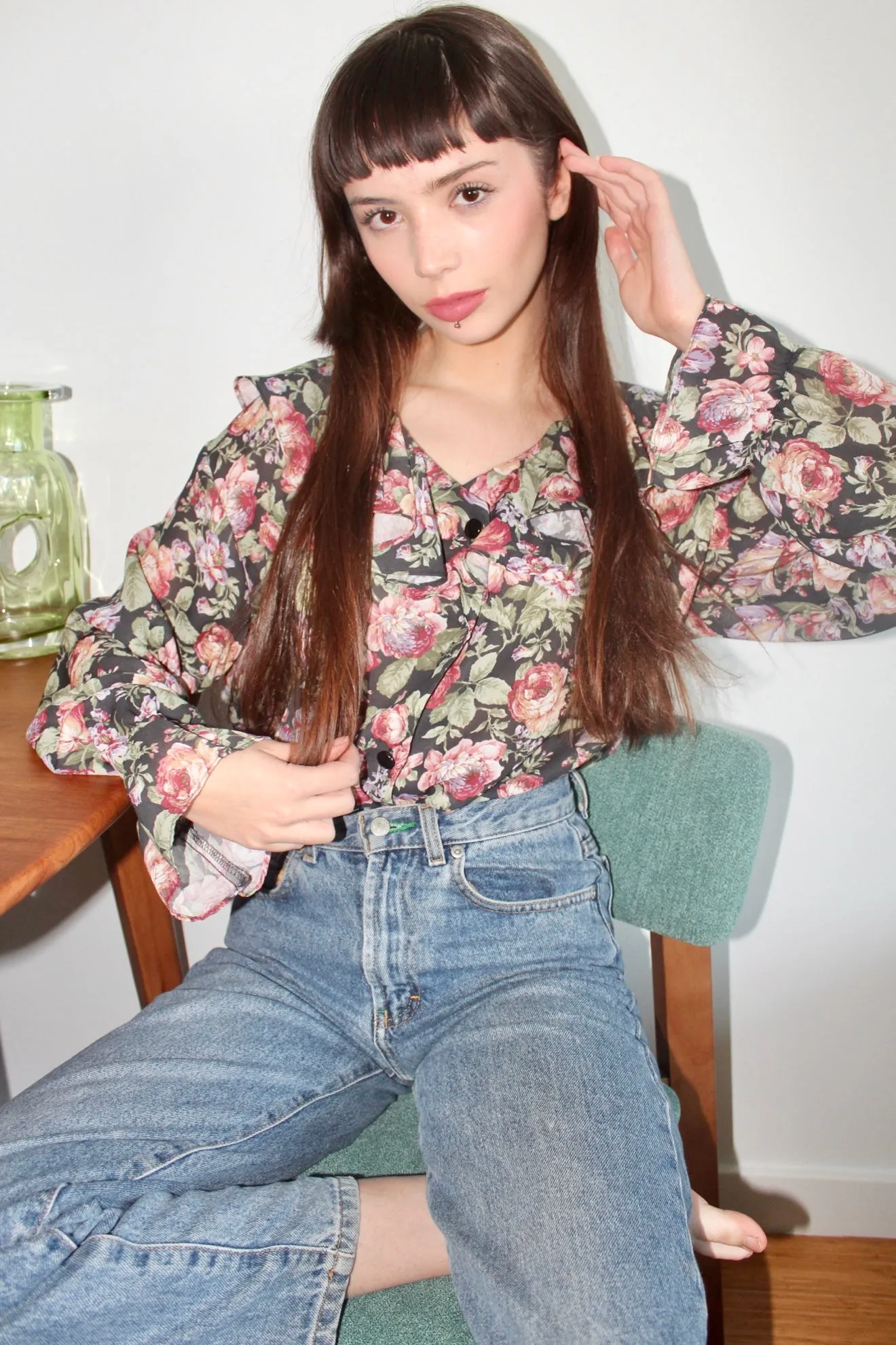 Vintage 90s Dreamy Floral Flutter Blouse (M)