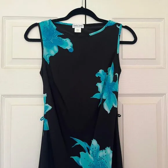 Vintage 90s Y2K Studio Soleil black floral sleeveless dress small made in USA