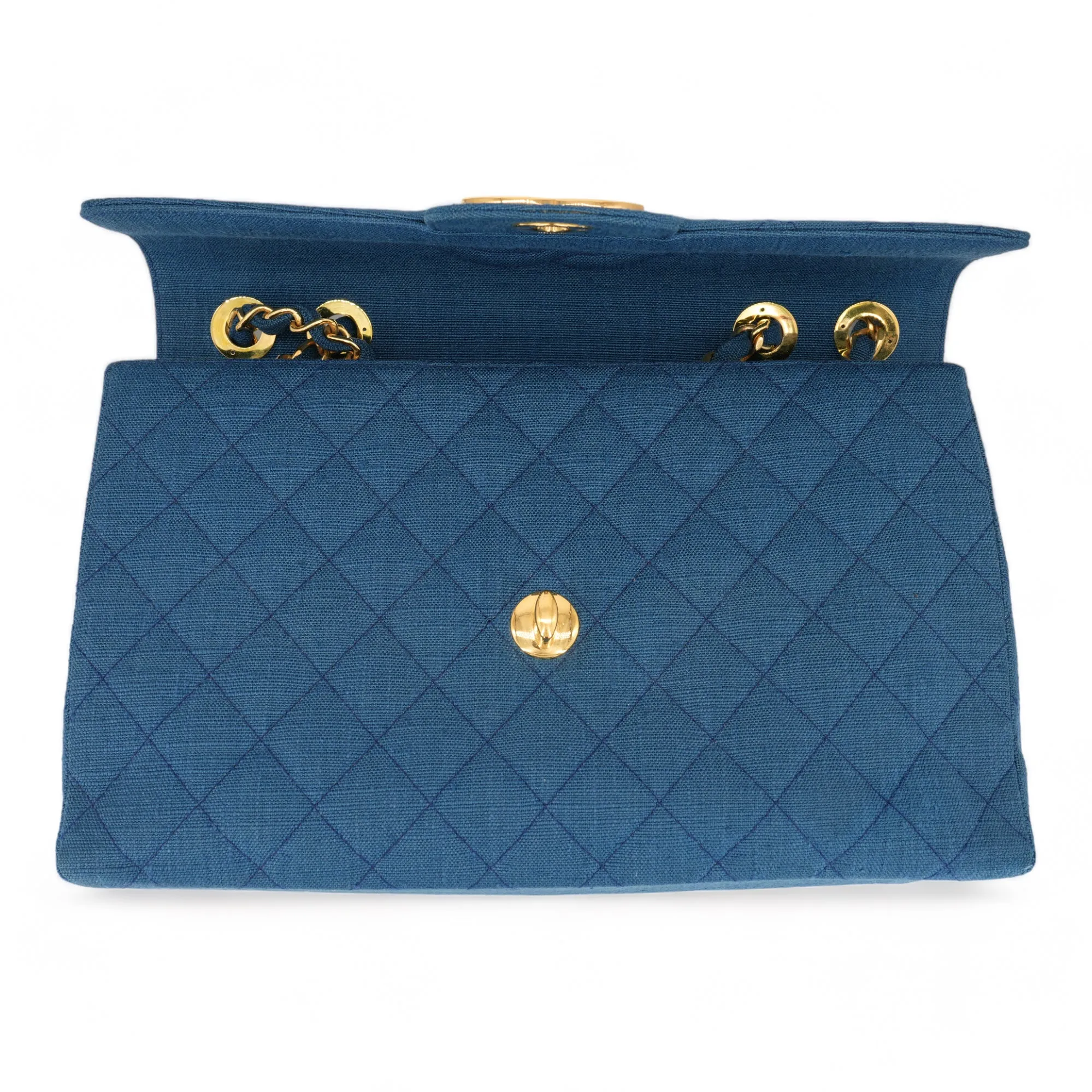 Vintage Blue Linen XL Logo Maxi Jumbo Classic Single Flap Bag