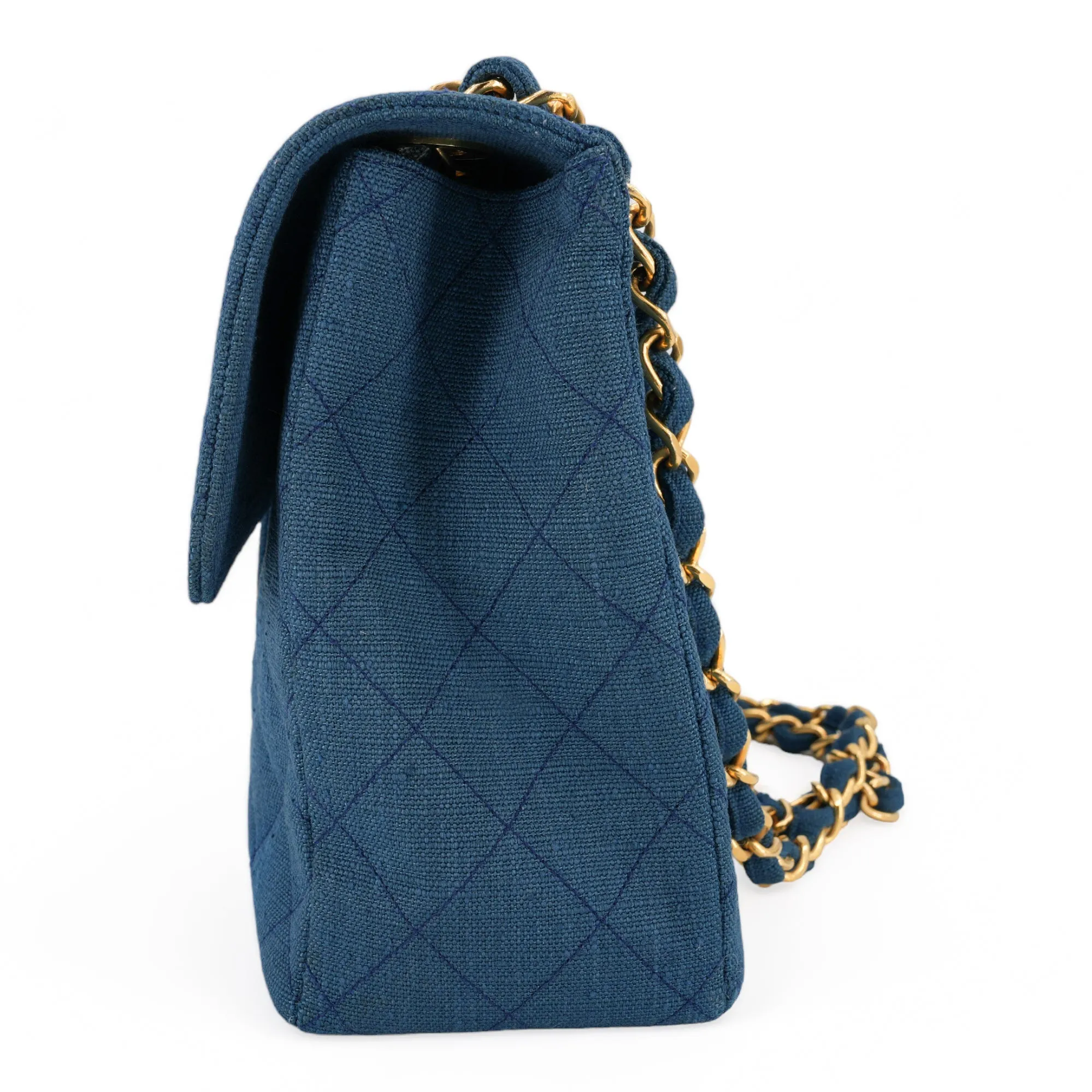 Vintage Blue Linen XL Logo Maxi Jumbo Classic Single Flap Bag