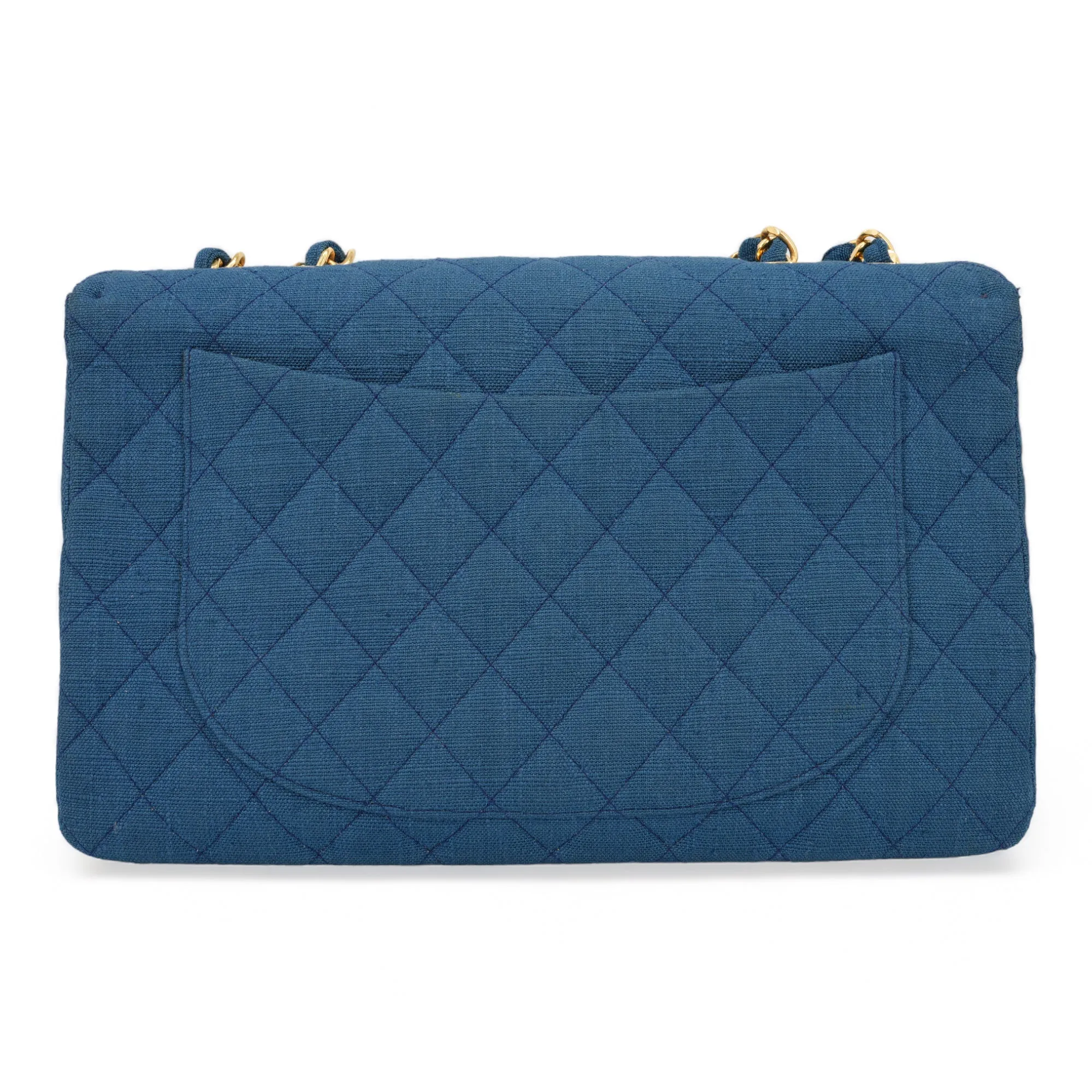 Vintage Blue Linen XL Logo Maxi Jumbo Classic Single Flap Bag