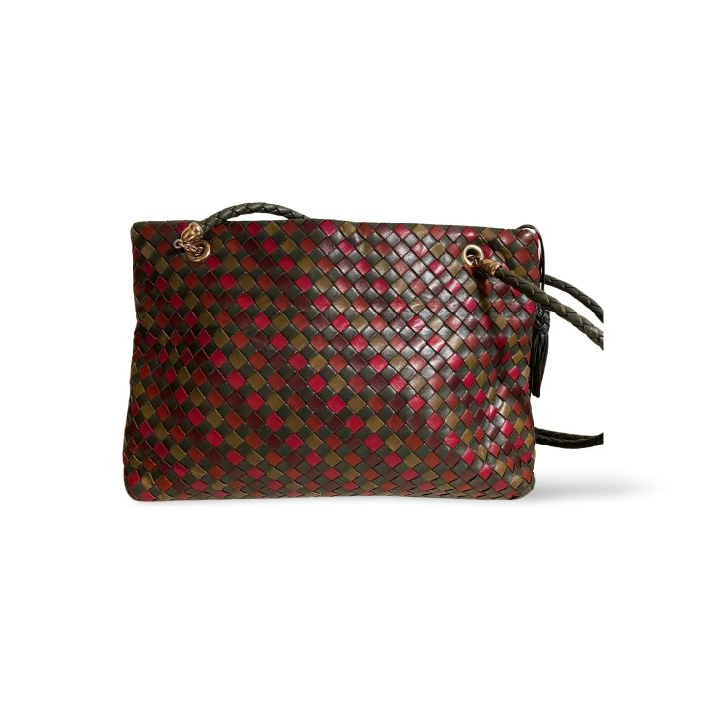 Vintage Bottega Veneta multicolor intrecciato woven leather shoulder bag. Brown, red, khaki, orange, and green. Beautiful purse.060325ac