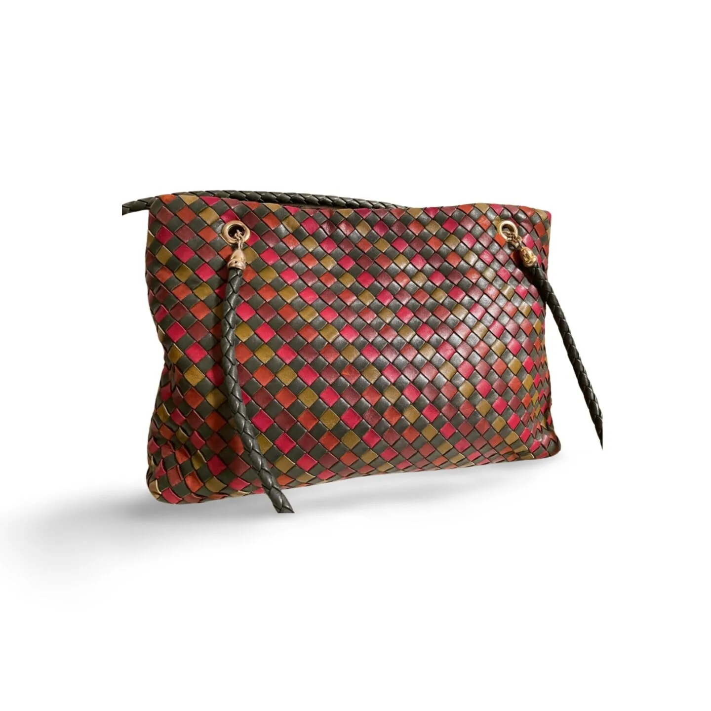 Vintage Bottega Veneta multicolor intrecciato woven leather shoulder bag. Brown, red, khaki, orange, and green. Beautiful purse.060325ac