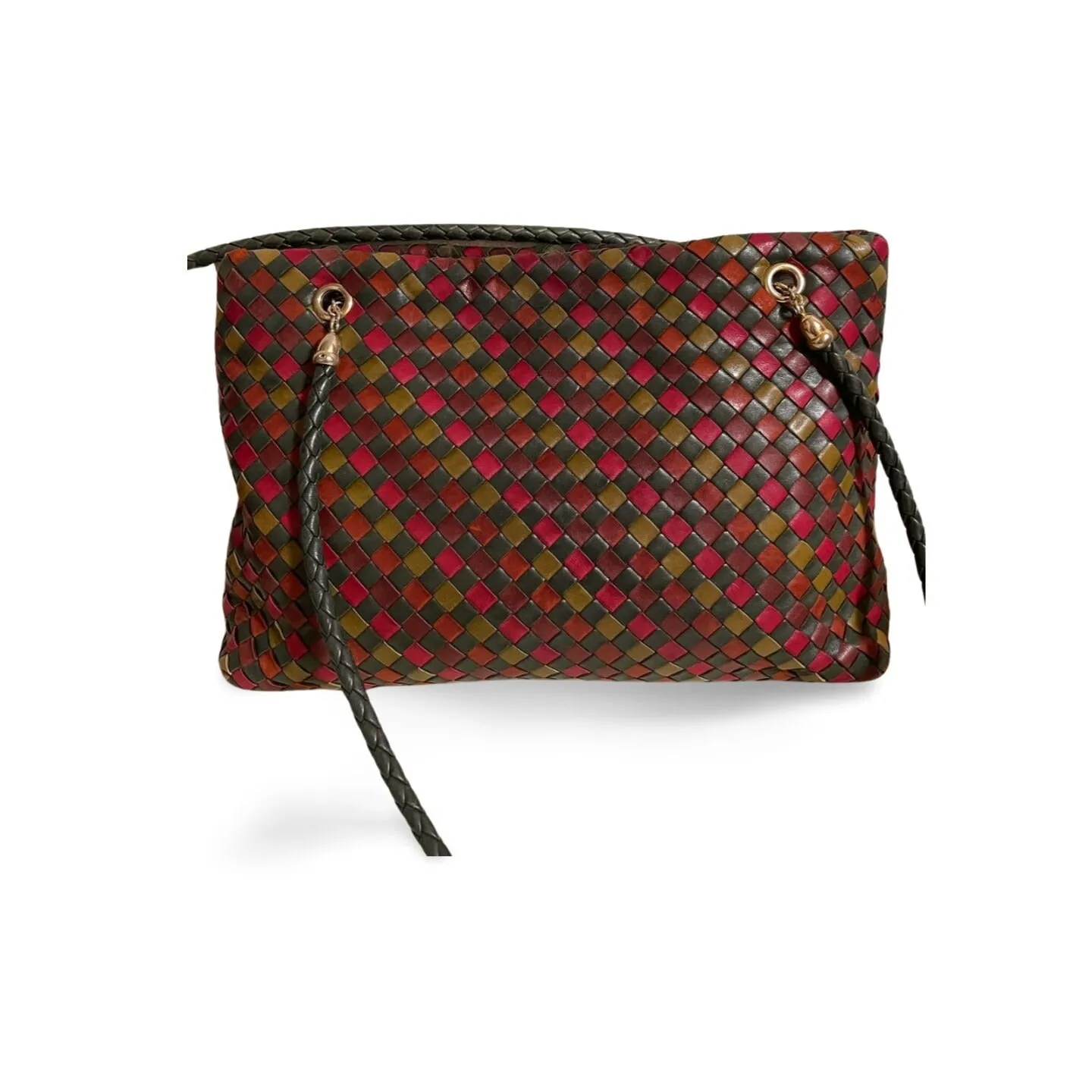 Vintage Bottega Veneta multicolor intrecciato woven leather shoulder bag. Brown, red, khaki, orange, and green. Beautiful purse.060325ac