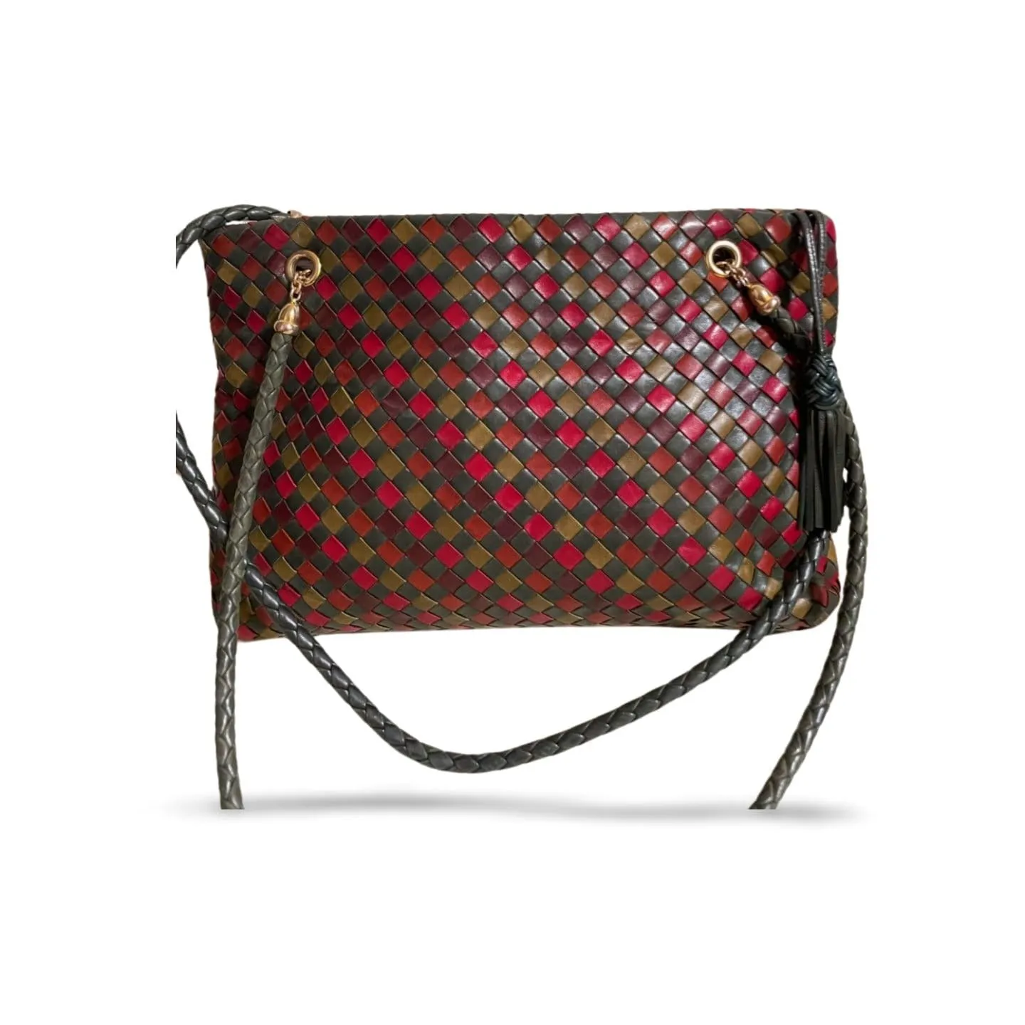 Vintage Bottega Veneta multicolor intrecciato woven leather shoulder bag. Brown, red, khaki, orange, and green. Beautiful purse.060325ac
