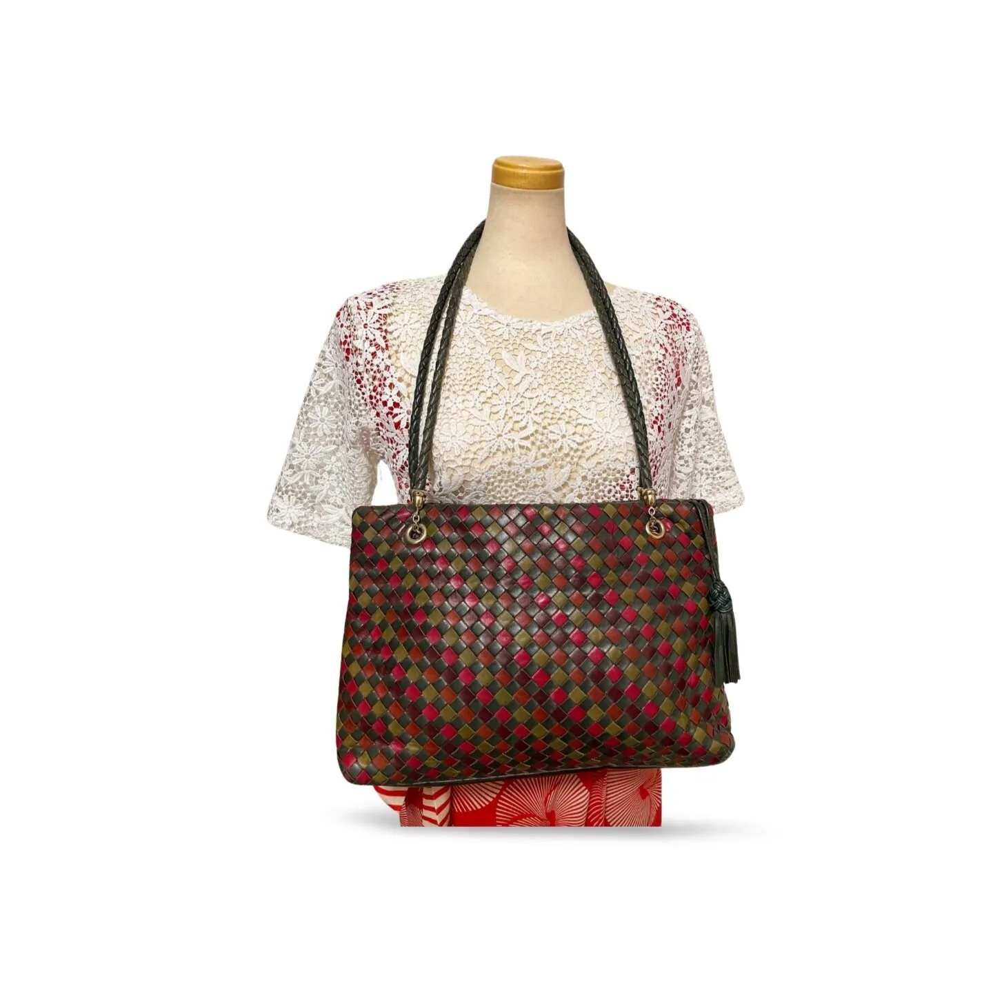 Vintage Bottega Veneta multicolor intrecciato woven leather shoulder bag. Brown, red, khaki, orange, and green. Beautiful purse.060325ac