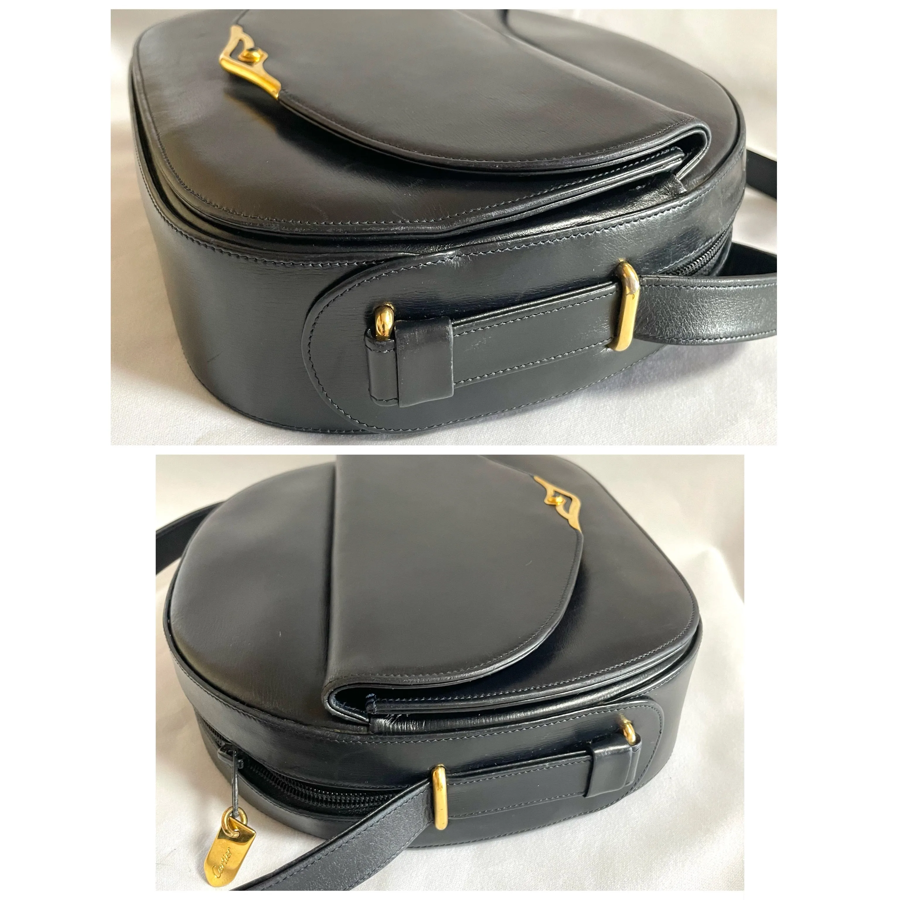Vintage Cartier navy oval shape shoulder bag with blue stone and golden frame flap. Classic purse from Sapphire line. 050919ac1