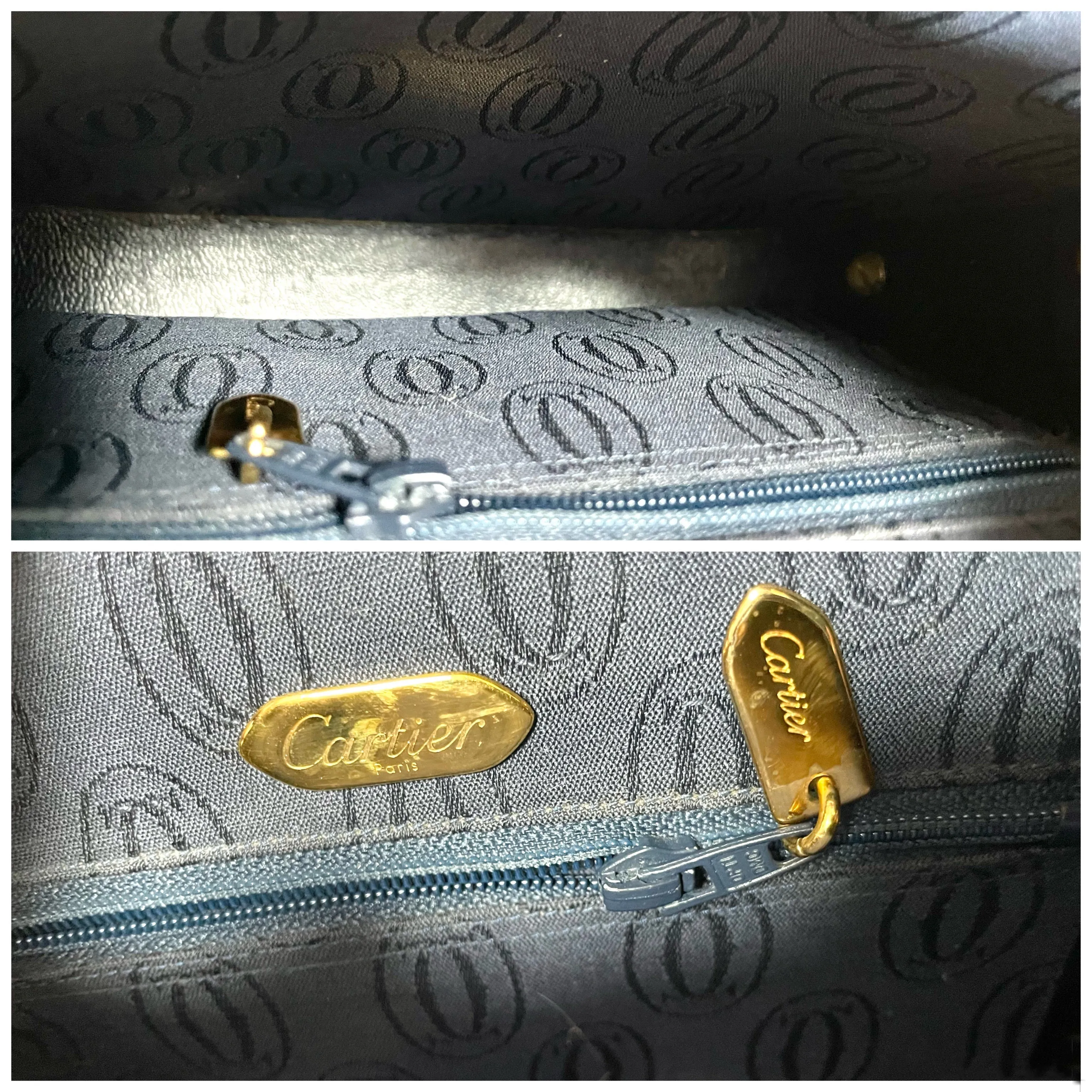 Vintage Cartier navy oval shape shoulder bag with blue stone and golden frame flap. Classic purse from Sapphire line. 050919ac1