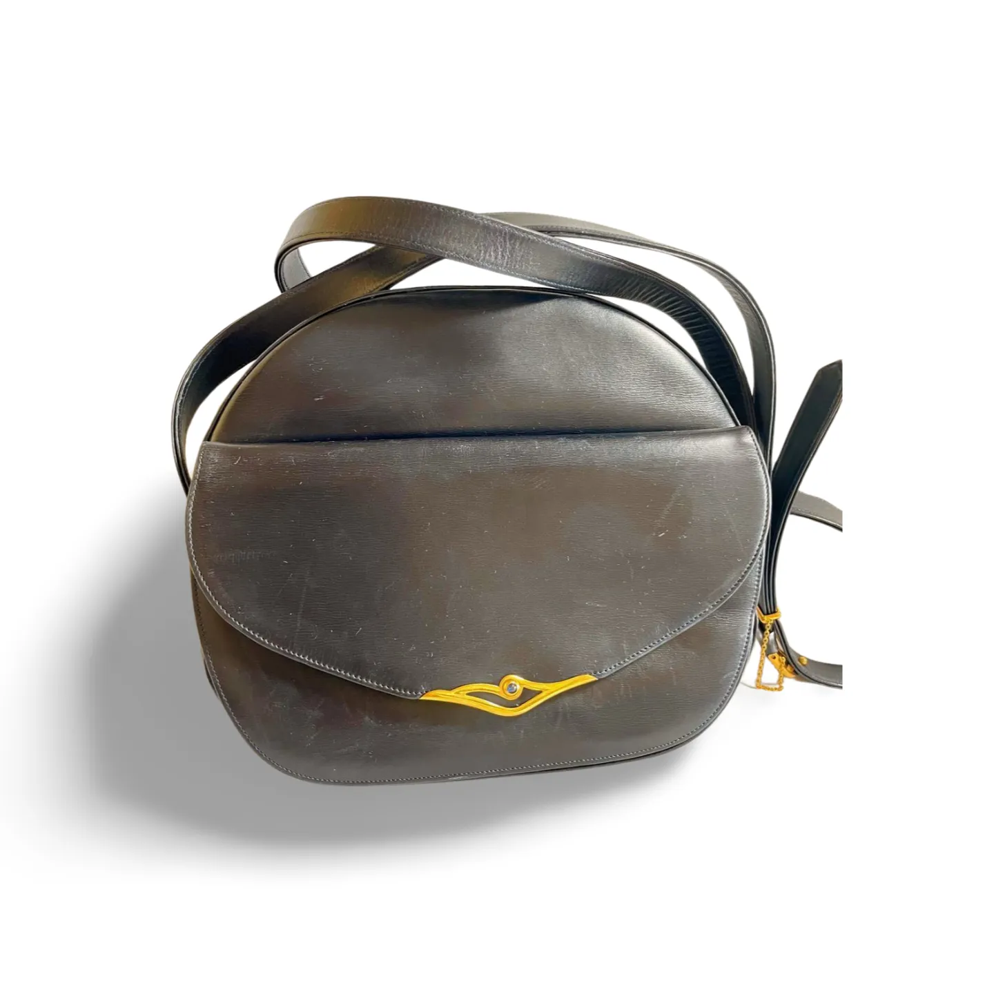 Vintage Cartier navy oval shape shoulder bag with blue stone and golden frame flap. Classic purse from Sapphire line. 050919ac1