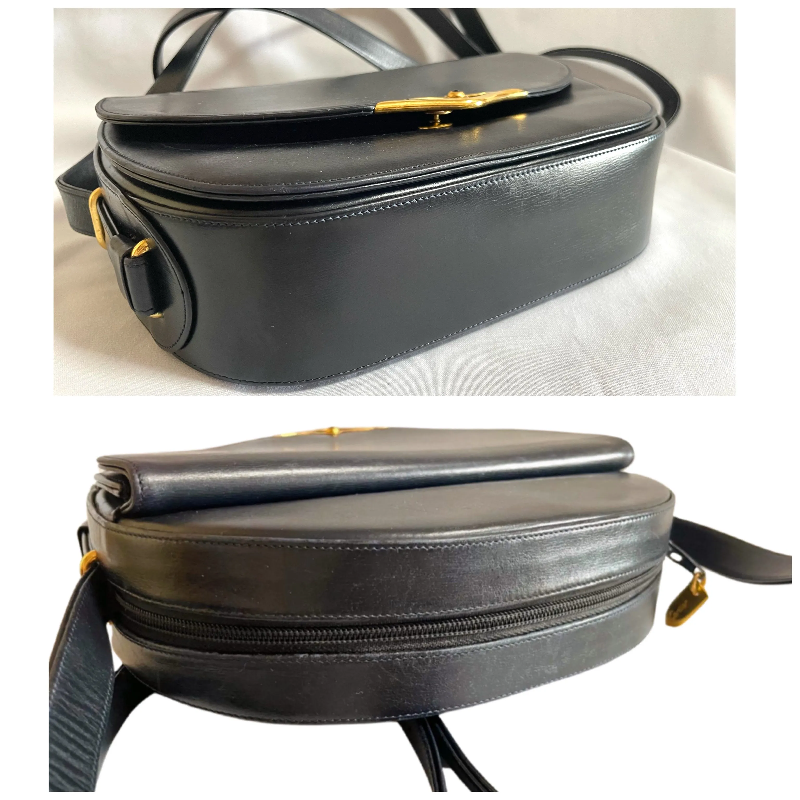 Vintage Cartier navy oval shape shoulder bag with blue stone and golden frame flap. Classic purse from Sapphire line. 050919ac1