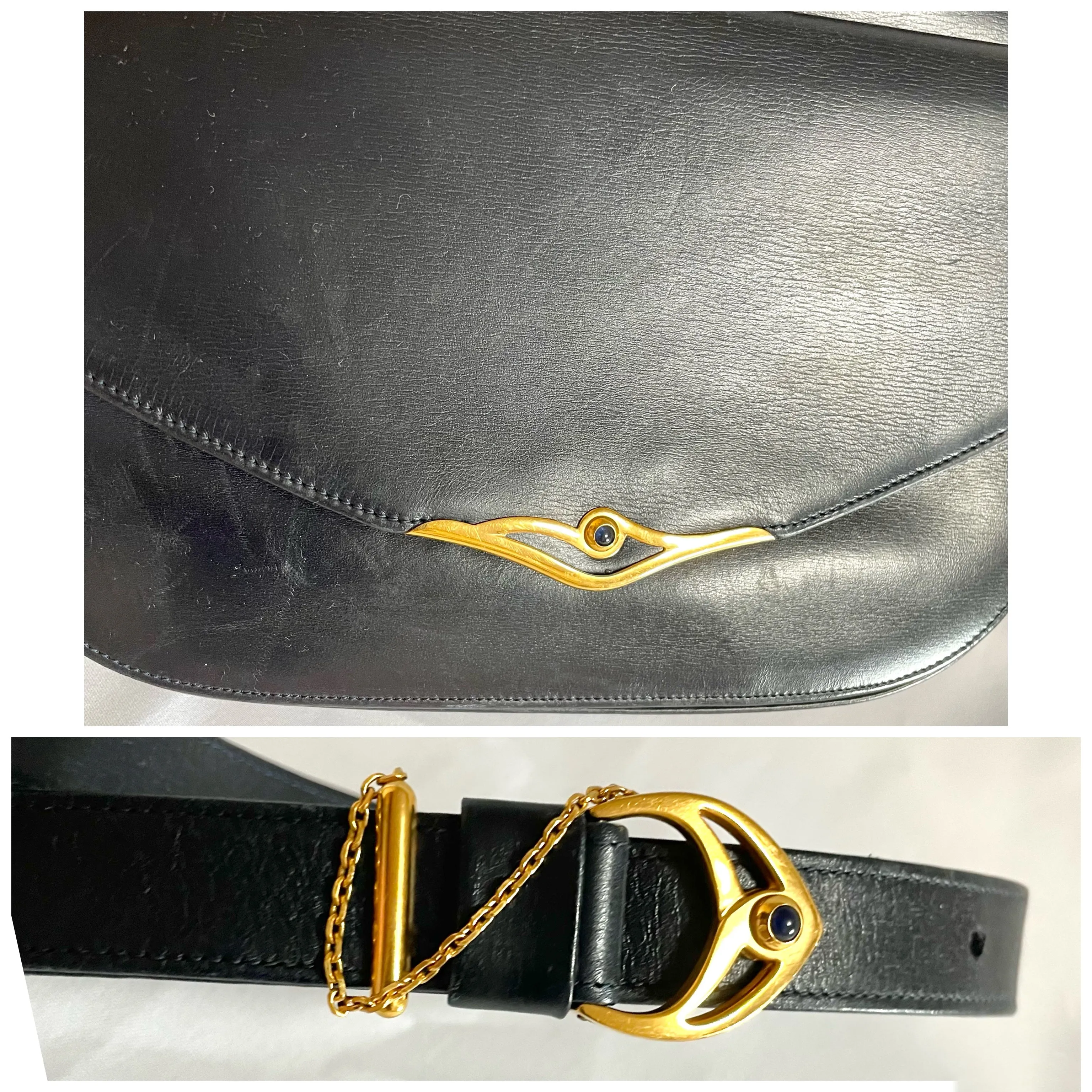 Vintage Cartier navy oval shape shoulder bag with blue stone and golden frame flap. Classic purse from Sapphire line. 050919ac1