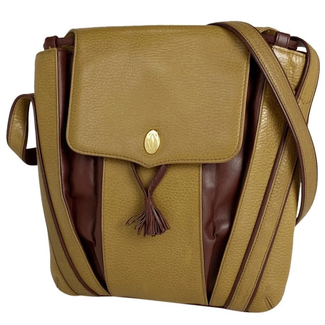Vintage Cartier yellow mustard leather shoulder purse with gold-tone logo charm and wine leather tassel charm. Must de cartier collection