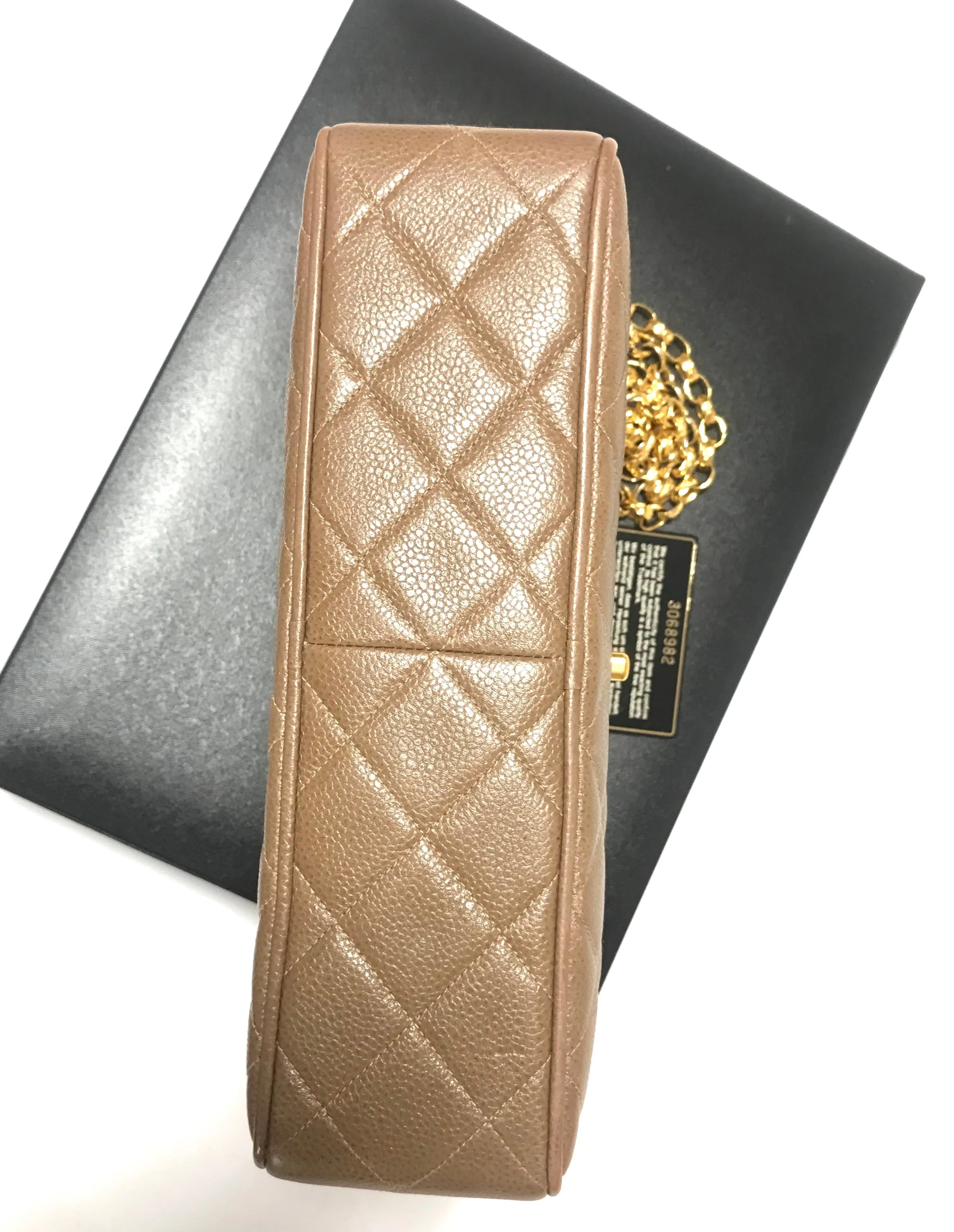 Vintage Chanel large brown caviar leather 2.55 camera bag style chain shoulder bag with golden CC ball charm. Must have purse. 0405161