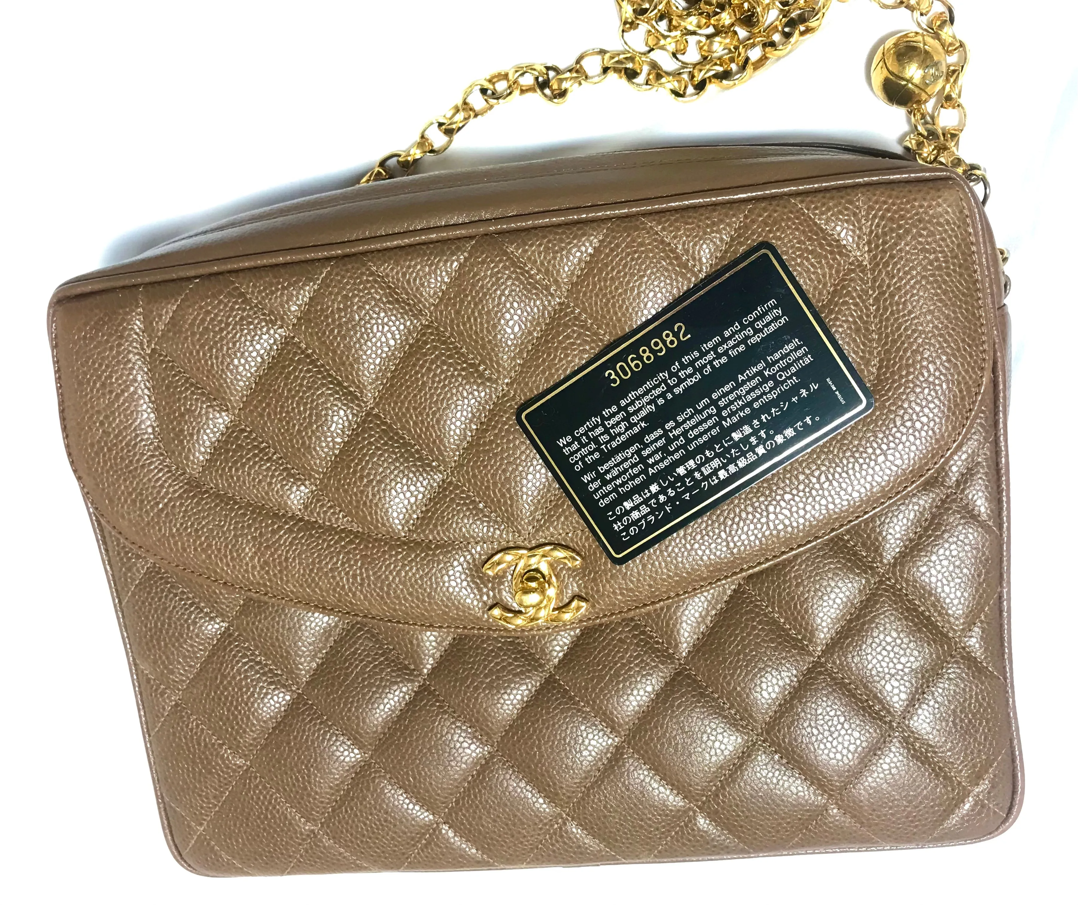 Vintage Chanel large brown caviar leather 2.55 camera bag style chain shoulder bag with golden CC ball charm. Must have purse. 0405161