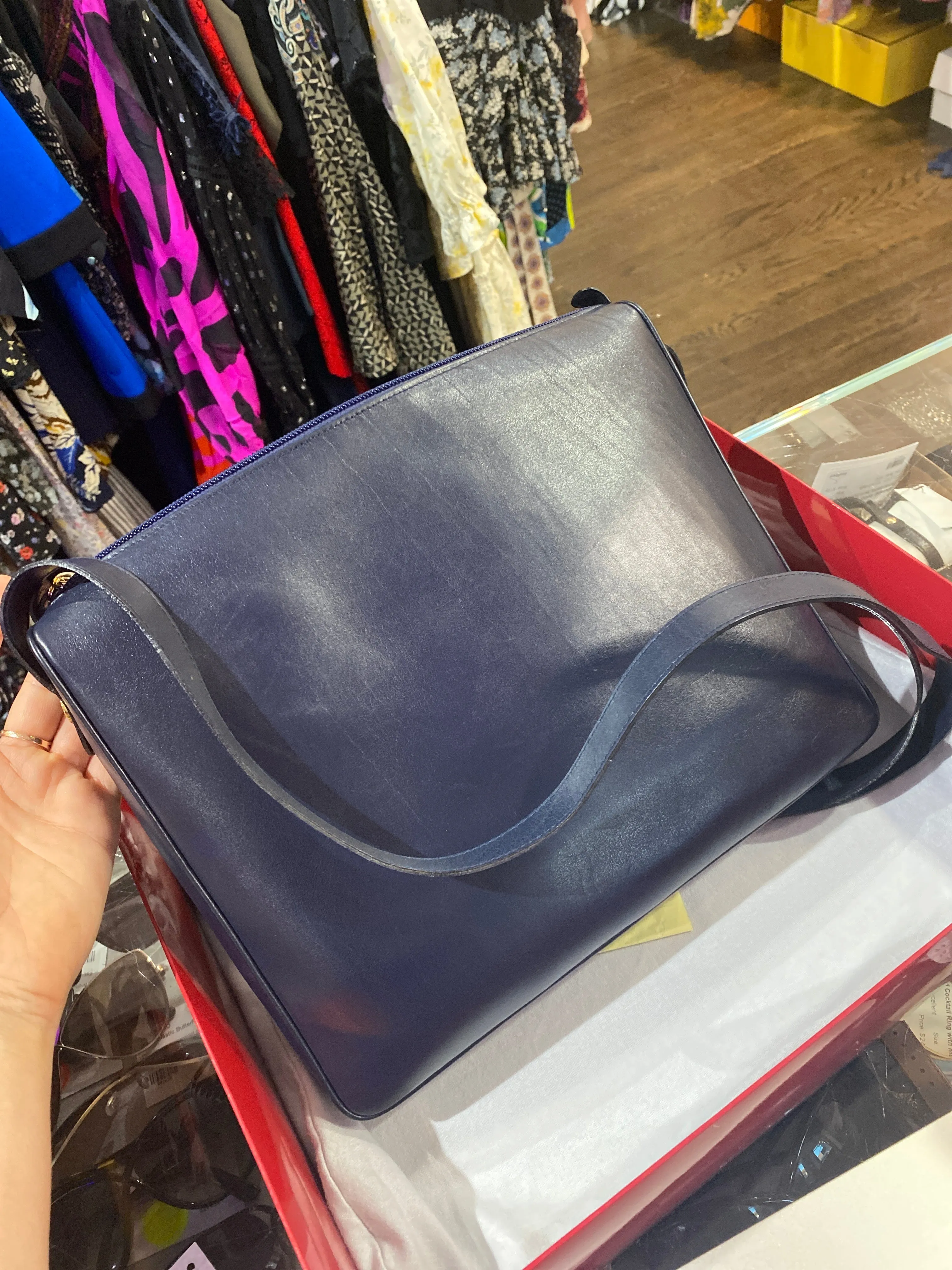 VINTAGE: Ferragamo Navy Leather Shoulder Bag with Gold