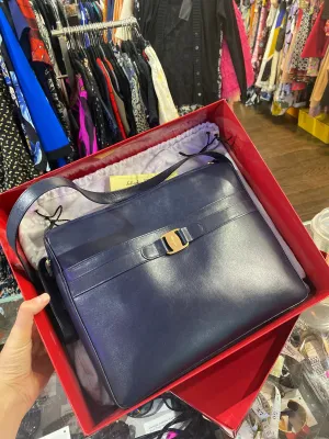 VINTAGE: Ferragamo Navy Leather Shoulder Bag with Gold